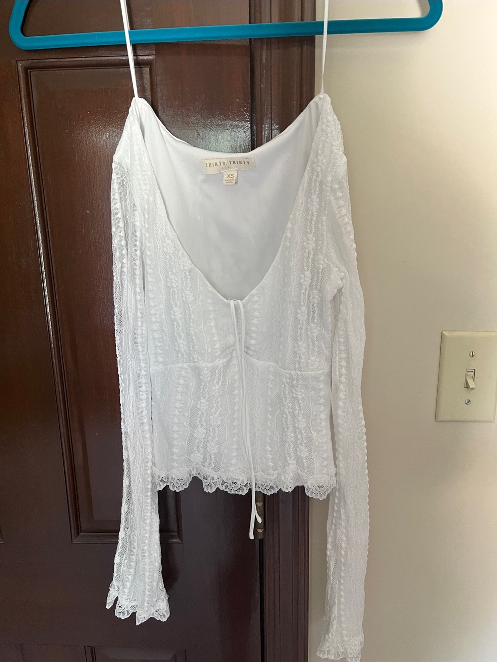 White Lace Tie-Front Long-Sleeve Women's Blouse